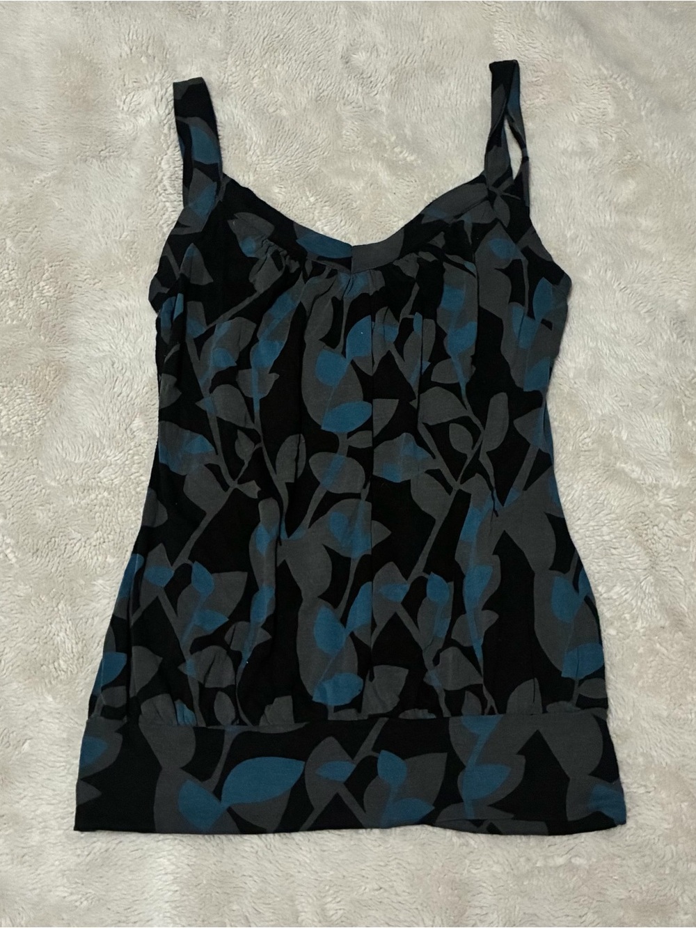 Talula Black Camisole with Blue and Gray Leaf Motif